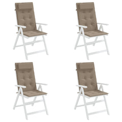 Four taupe Oxford fabric highback chair cushions with tufted backs and non-slip straps.
