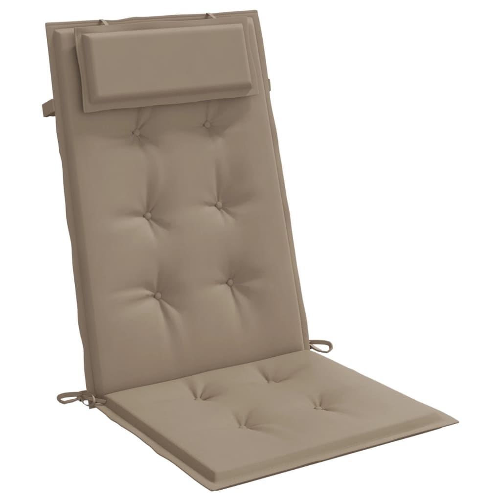 Taupe Oxford fabric highback chair cushions, 4-pack, with tufted padding and straps.