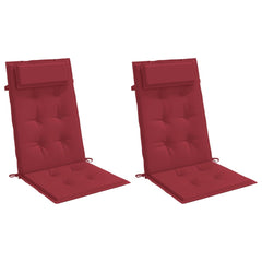 Two wine red Oxford fabric highback chair cushions with ties, shown side by side.