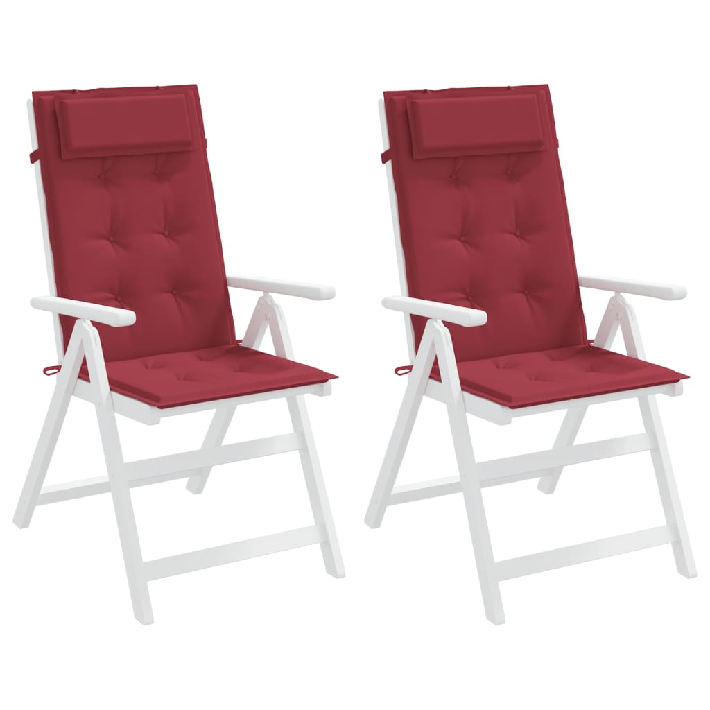 Two wine red Oxford fabric cushions for highback chairs, featuring plush padding and secure ties.