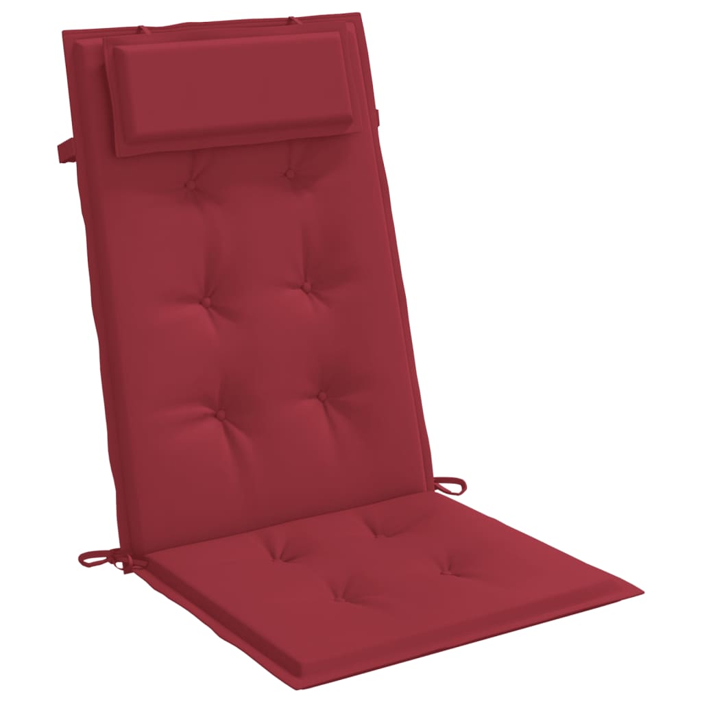 Two wine red Oxford fabric highback chair cushions with tufted padding and ties.