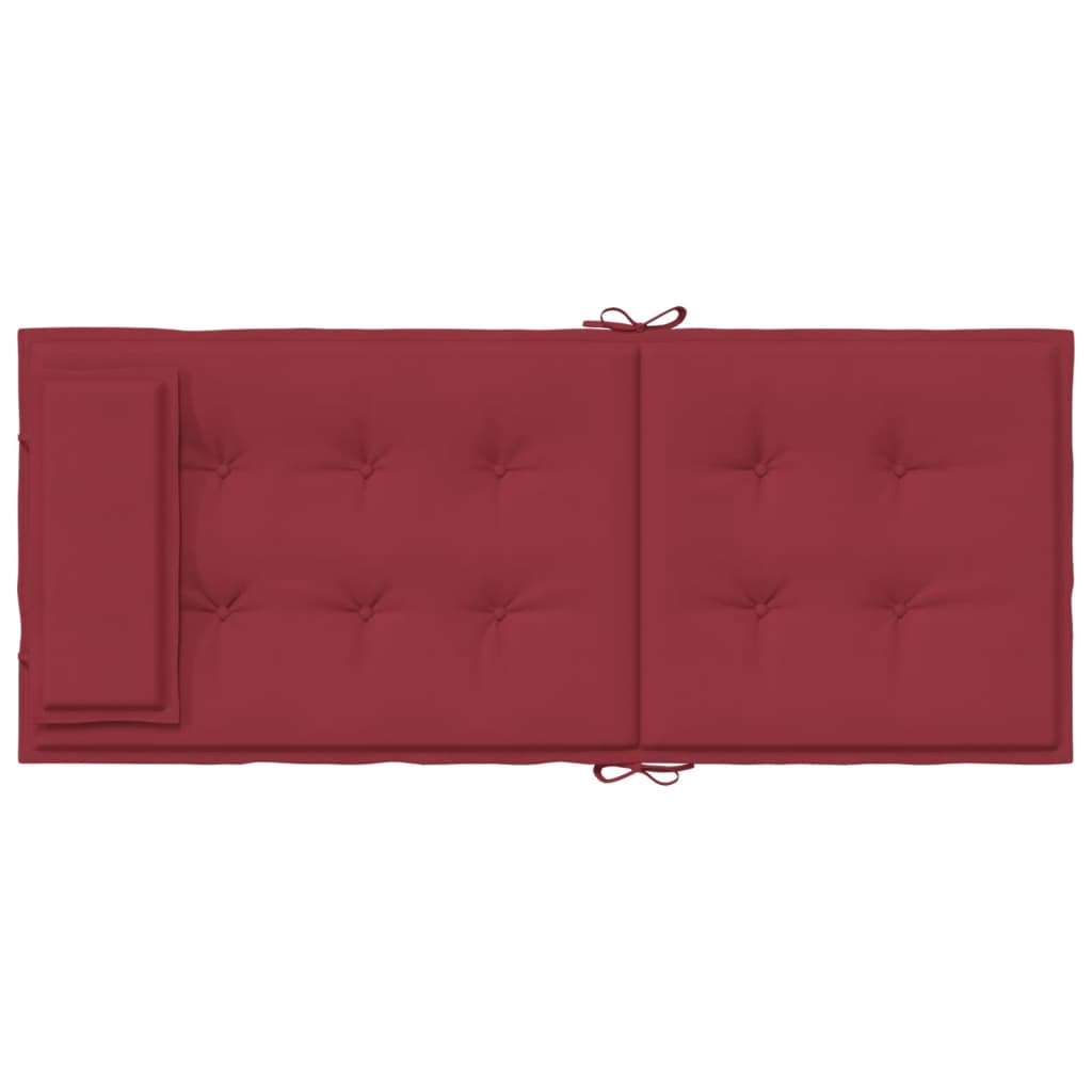 Two wine red Oxford fabric cushions for highback chairs, with ties and plush fill.