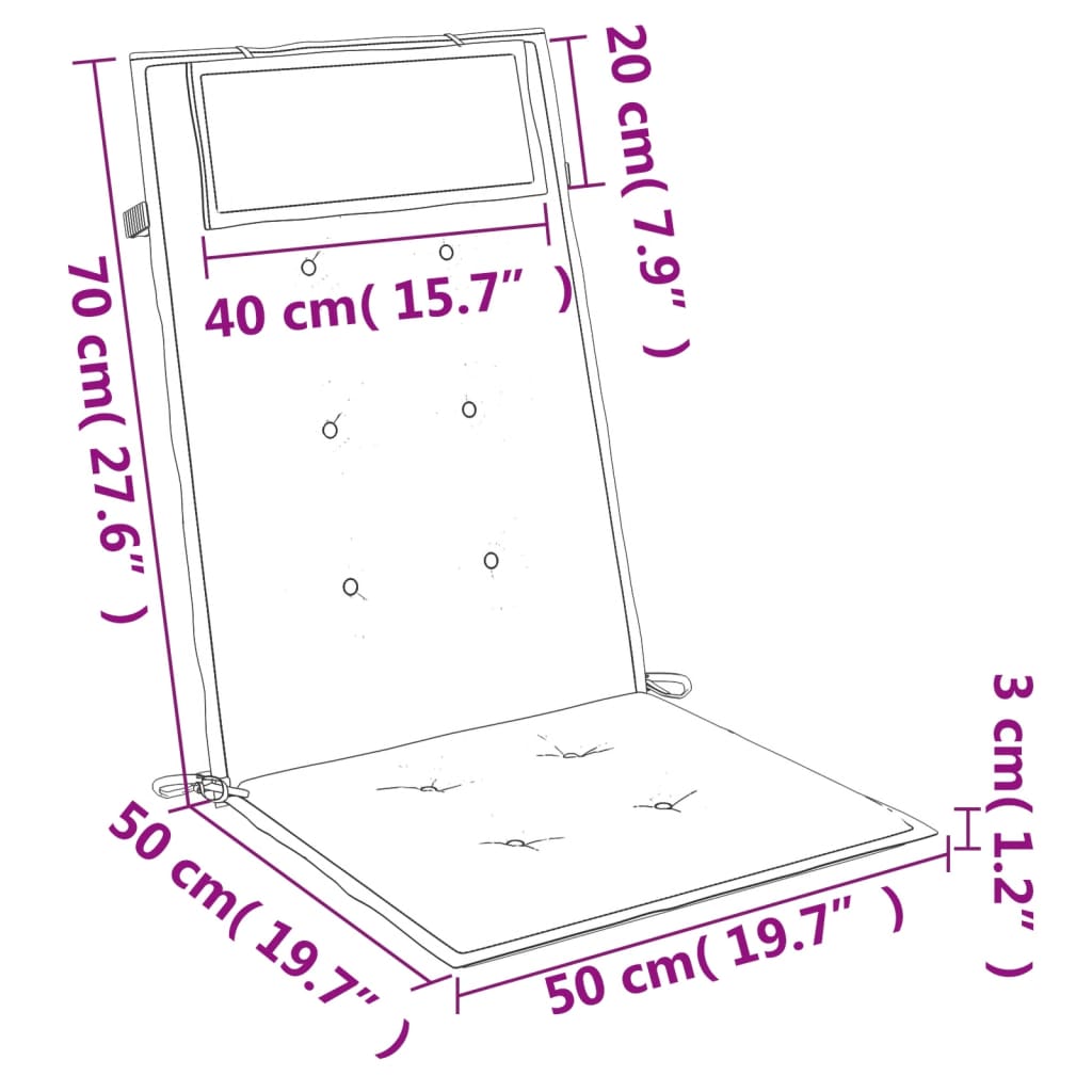 Diagram of wine red Oxford fabric highback chair cushions, 70 cm high, 50 cm wide, 3 cm thick, with ties.