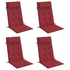 Four wine red Oxford fabric highback chair cushions with headrests and securing straps.