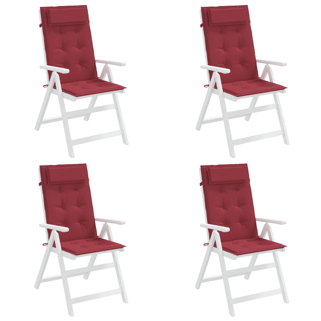 Four wine red Oxford fabric highback chair cushions with tufted backs and straps.