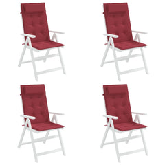 Four wine red Oxford fabric highback chair cushions with tufted backs and straps.