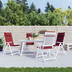 Four wine red Oxford fabric cushions on white highback patio chairs around a table.
