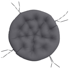 A round, tufted anthracite outdoor cushion with four sets of ties.