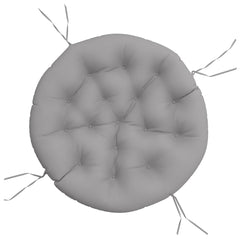 Gray round outdoor cushion in Oxford fabric, 39.4x4.3in, with tufting and four tie straps.