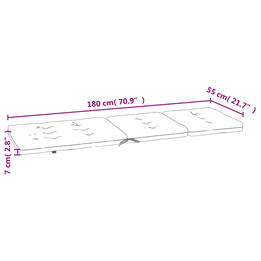 A gray, three-section deck chair cushion with dimensions of 180 cm long, 55 cm wide, and 7 cm thick.