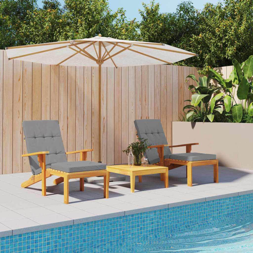 Two gray deck chair cushions are shown on wooden chairs next to a pool.
