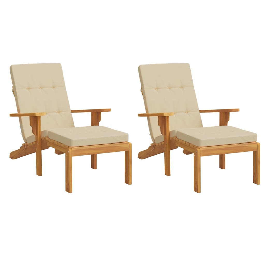 Two beige Oxford fabric deck chair cushions with wooden frames and armrests.