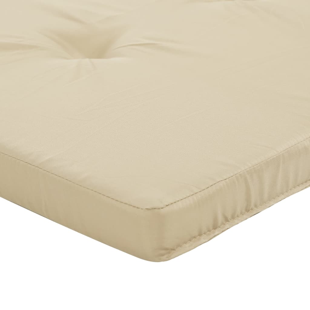 Two beige Oxford fabric deck chair cushions with tufted padding and straps.