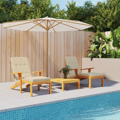 Two beige Oxford fabric cushions on wooden deck chairs beside a pool.
