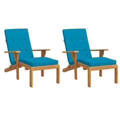 Two light blue Oxford fabric deck chair cushions with wooden frames and armrests.