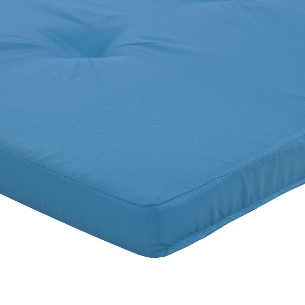 Two light blue Oxford fabric deck chair cushions with tufted padding and straps.