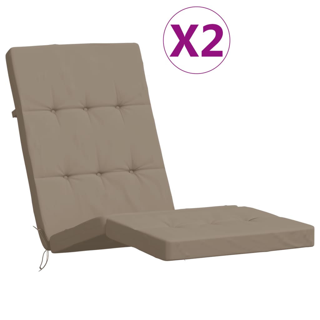 Two taupe Oxford fabric deck chair cushions in a pack, shown unfolded with backrest.