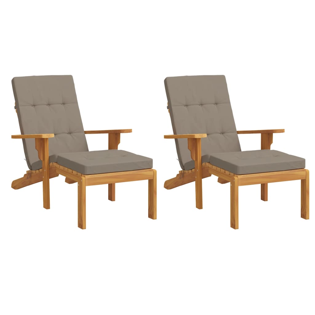 Two taupe Oxford fabric deck chair cushions with wooden frames and armrests.