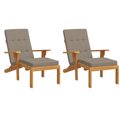 Two taupe Oxford fabric deck chair cushions with wooden frames and armrests.
