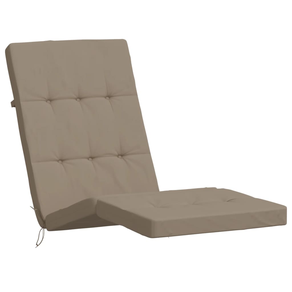 Two taupe Oxford fabric deck chair cushions, folded with tufted padding and straps.