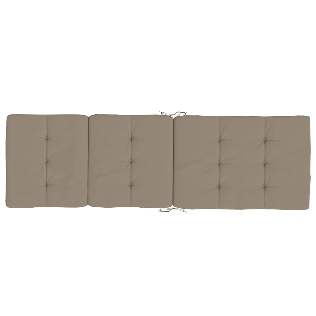 Two taupe Oxford fabric deck chair cushions with tufted padding and tie straps.