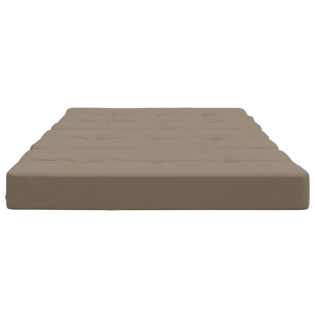 Two taupe Oxford fabric deck chair cushions with tufted padding and straps.