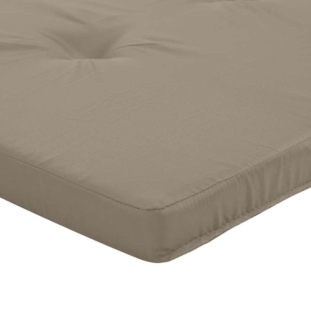 Two taupe Oxford fabric deck chair cushions with tufted padding and elastic straps.