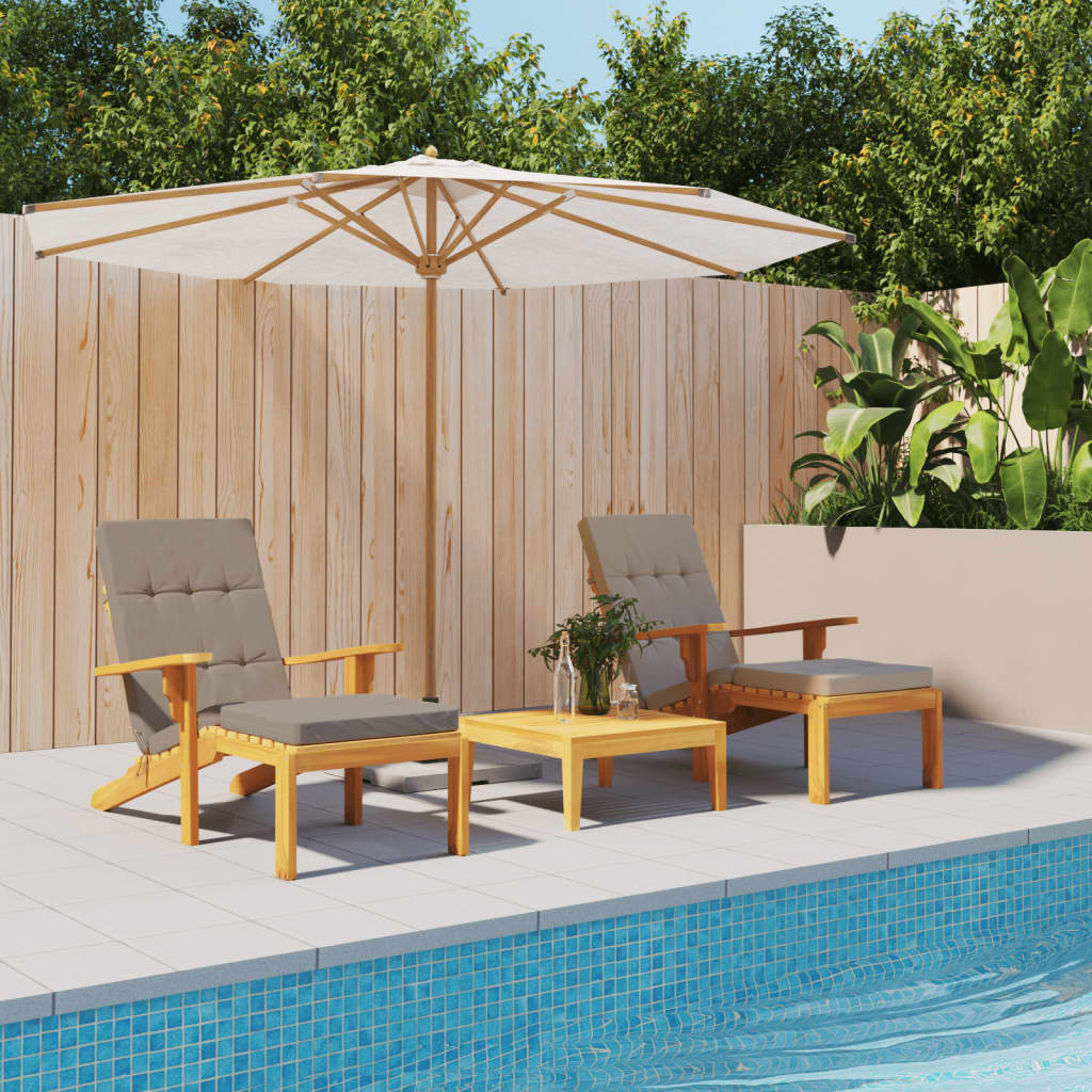 Two taupe Oxford fabric deck chair cushions on wooden lounge chairs by a pool.