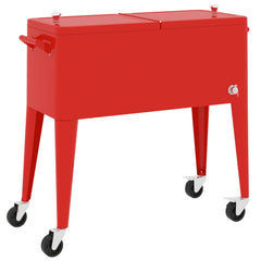 Red 80-quart rolling cooler cart with wheels and a split lid.