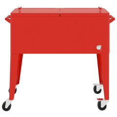 Red 80-quart rolling cooler cart with wheels and split-top lid.