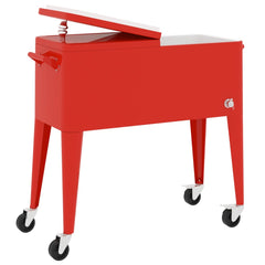 Red rolling cooler cart with wheels and split-top lid, 80-quart capacity, on four legs.