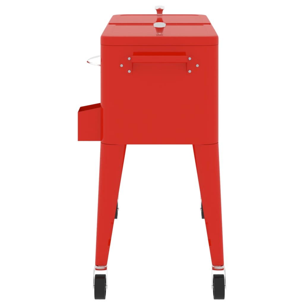 Red 80-quart rolling cooler cart with wheels and side caddy.