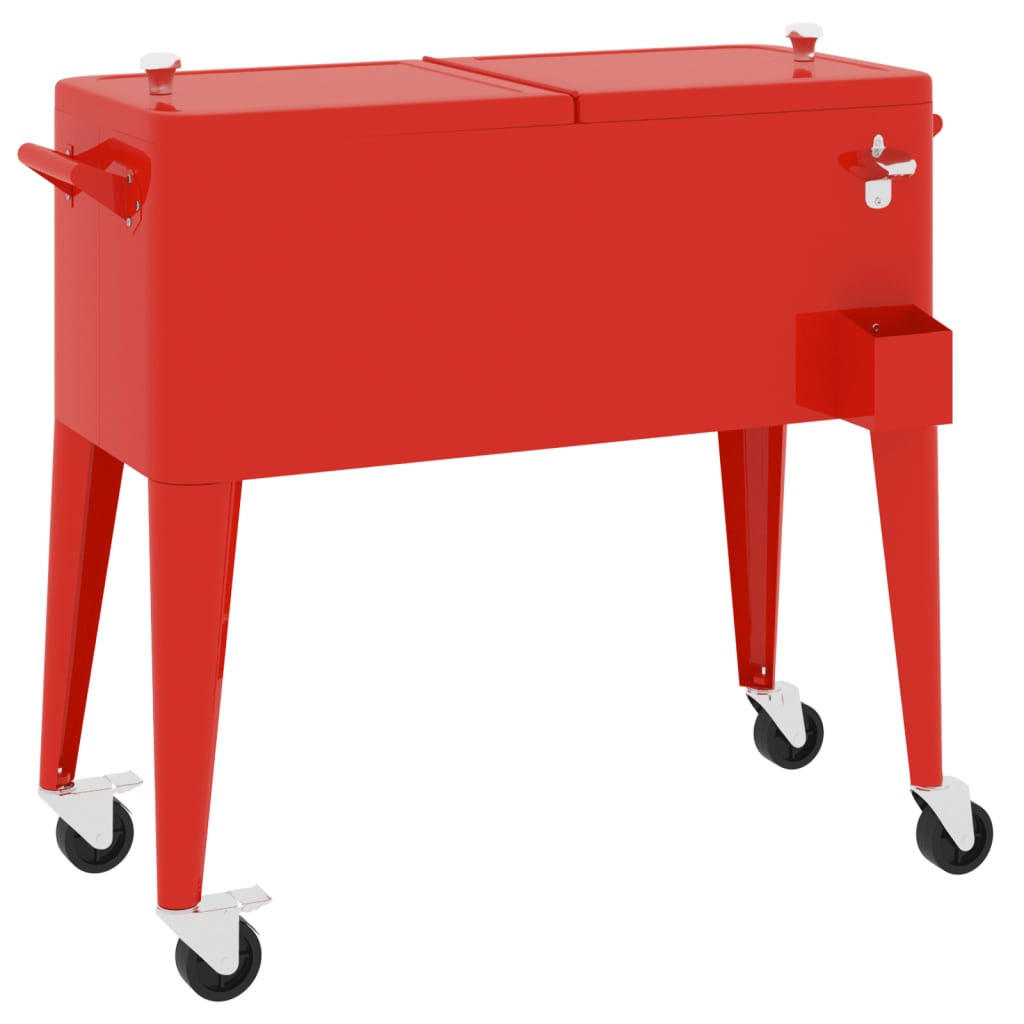 Red 80-quart rolling cooler cart with wheels, split lid, and side caddy.