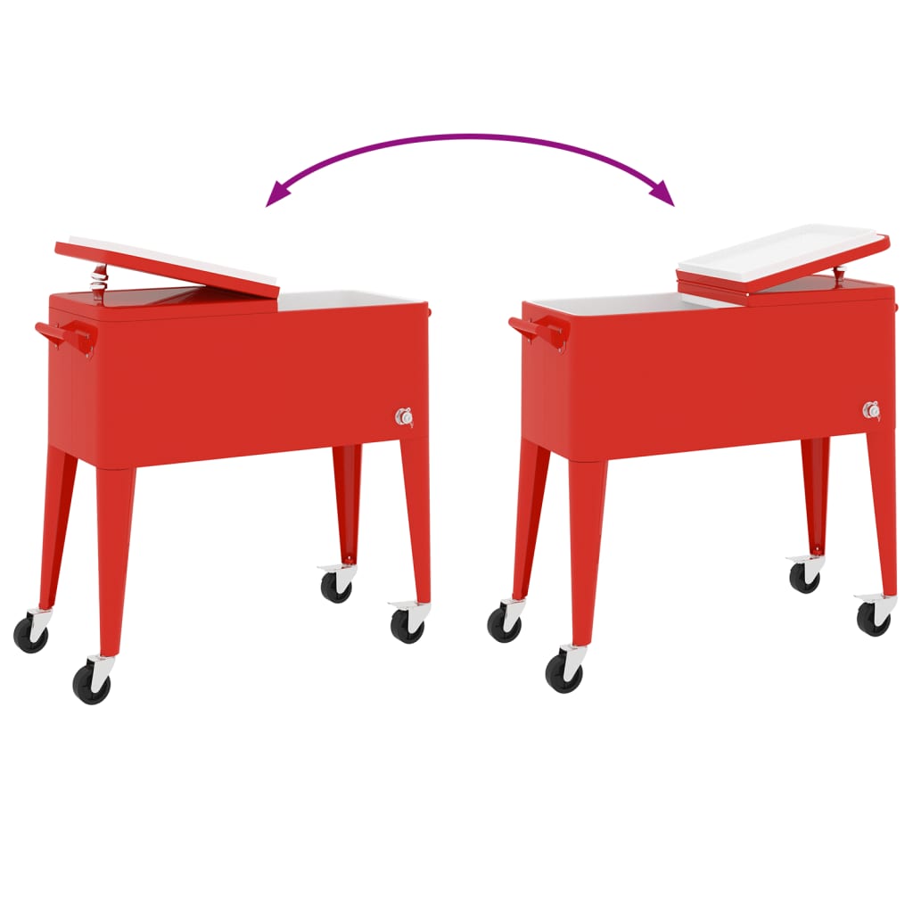 Red rolling cooler cart with wheels and split-top lid, 80 quart capacity.