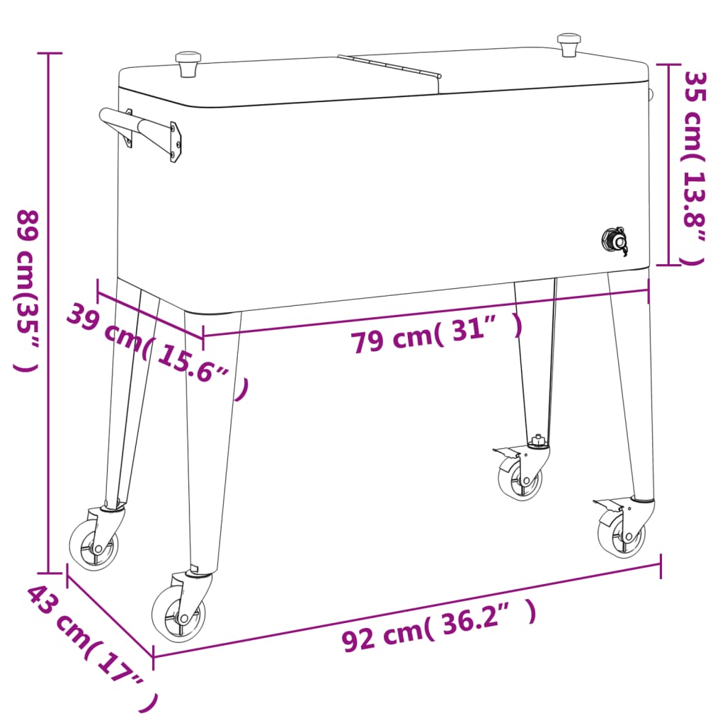 Red 80-quart rolling cooler cart with wheels, dimensions 92x79x39 cm.