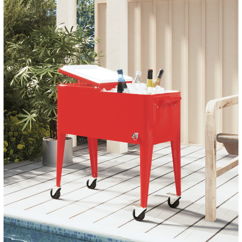 Red rolling cooler cart with wheels and split-top lid, holding bottles and ice inside.