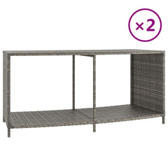 Two gray poly rattan storage shelves for outdoor use, each with open shelves and sturdy legs.