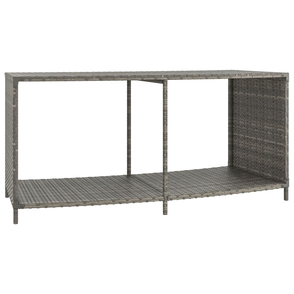 Two gray poly rattan storage shelves with open shelves and steel legs for outdoor use.
