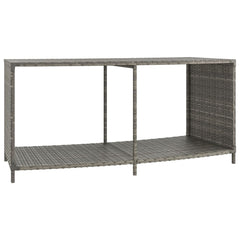 Two gray poly rattan storage shelves with open shelves and steel legs for outdoor use.