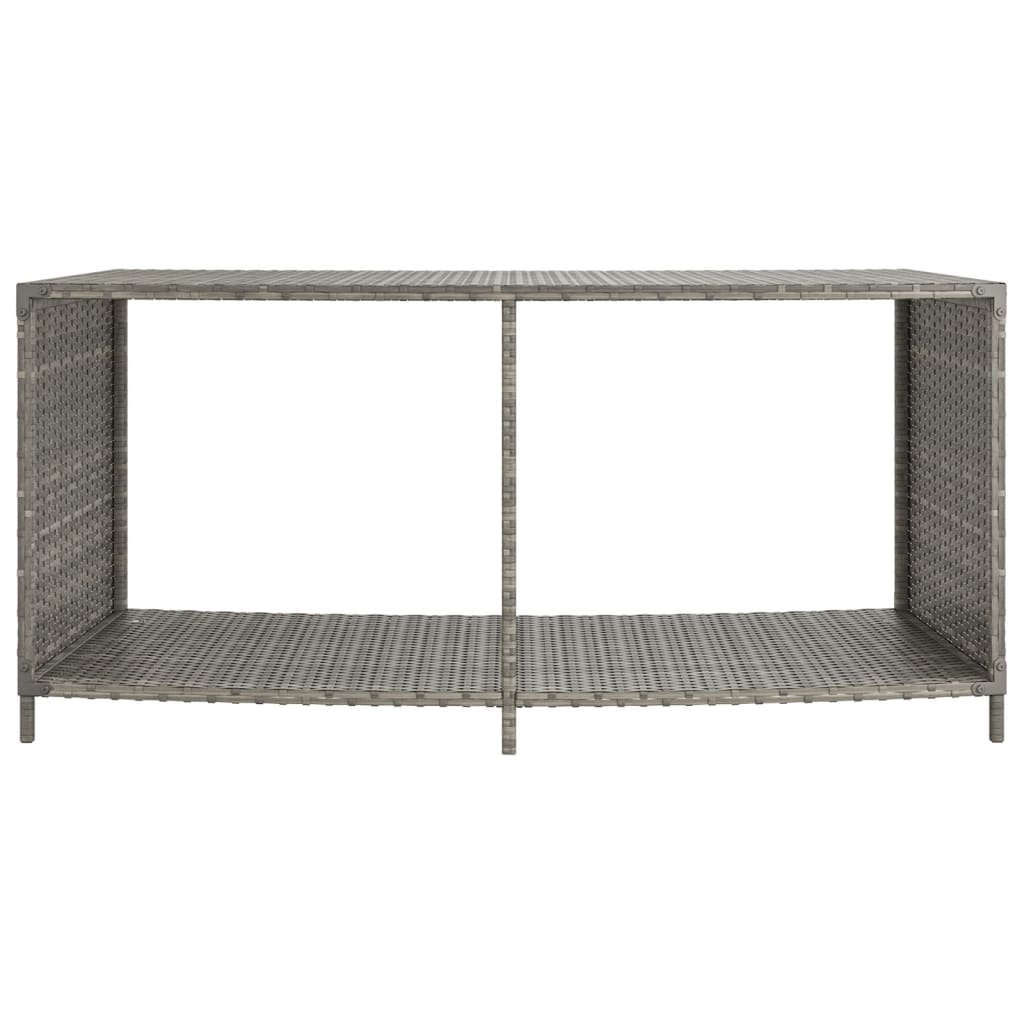 Gray poly rattan storage shelves, 2-pack for outdoor use with open shelves and steel legs.