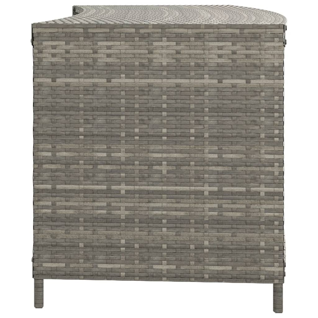 Gray poly rattan storage shelves with woven design and steel legs for outdoor use.