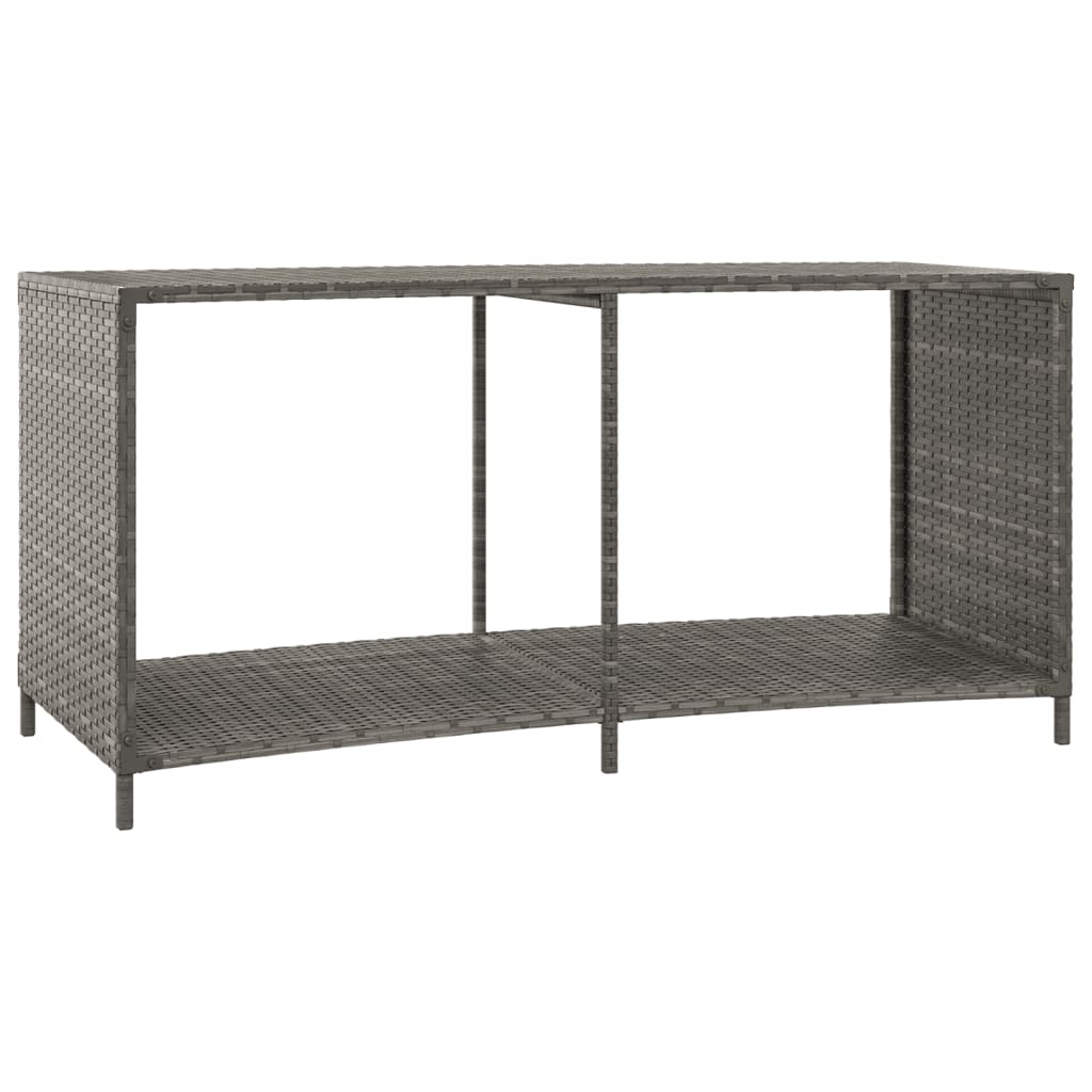 Two gray poly rattan storage shelves with open shelving and steel legs for outdoor use.