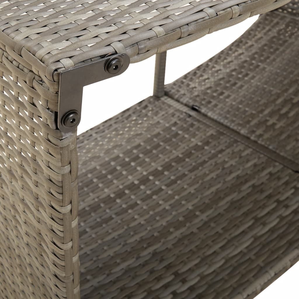 Gray poly rattan storage shelves with open shelves and metal frame, shown from side angle.