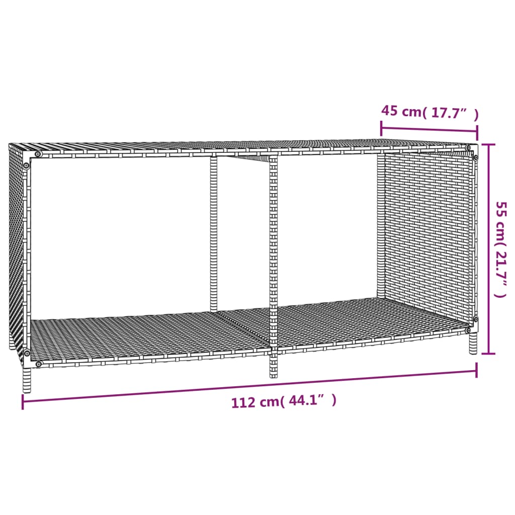 Gray poly rattan storage shelf with open shelves and dimensions shown.