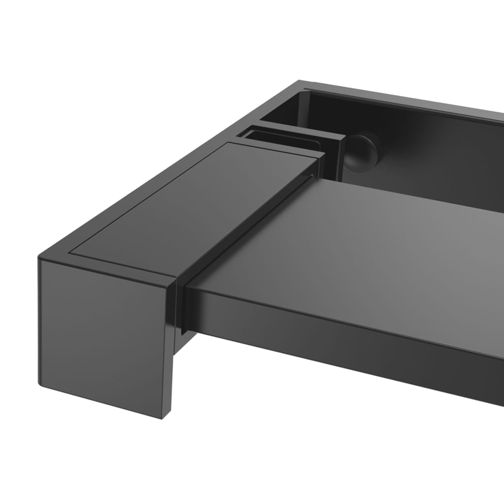 Black aluminum shower shelf with rail and towel bar, 46.5 inches long.