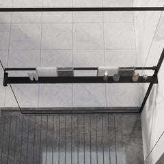 Black aluminum shower shelf with rail, 46.5 inches long, mounted on walk-in shower wall holding bottles and towels.