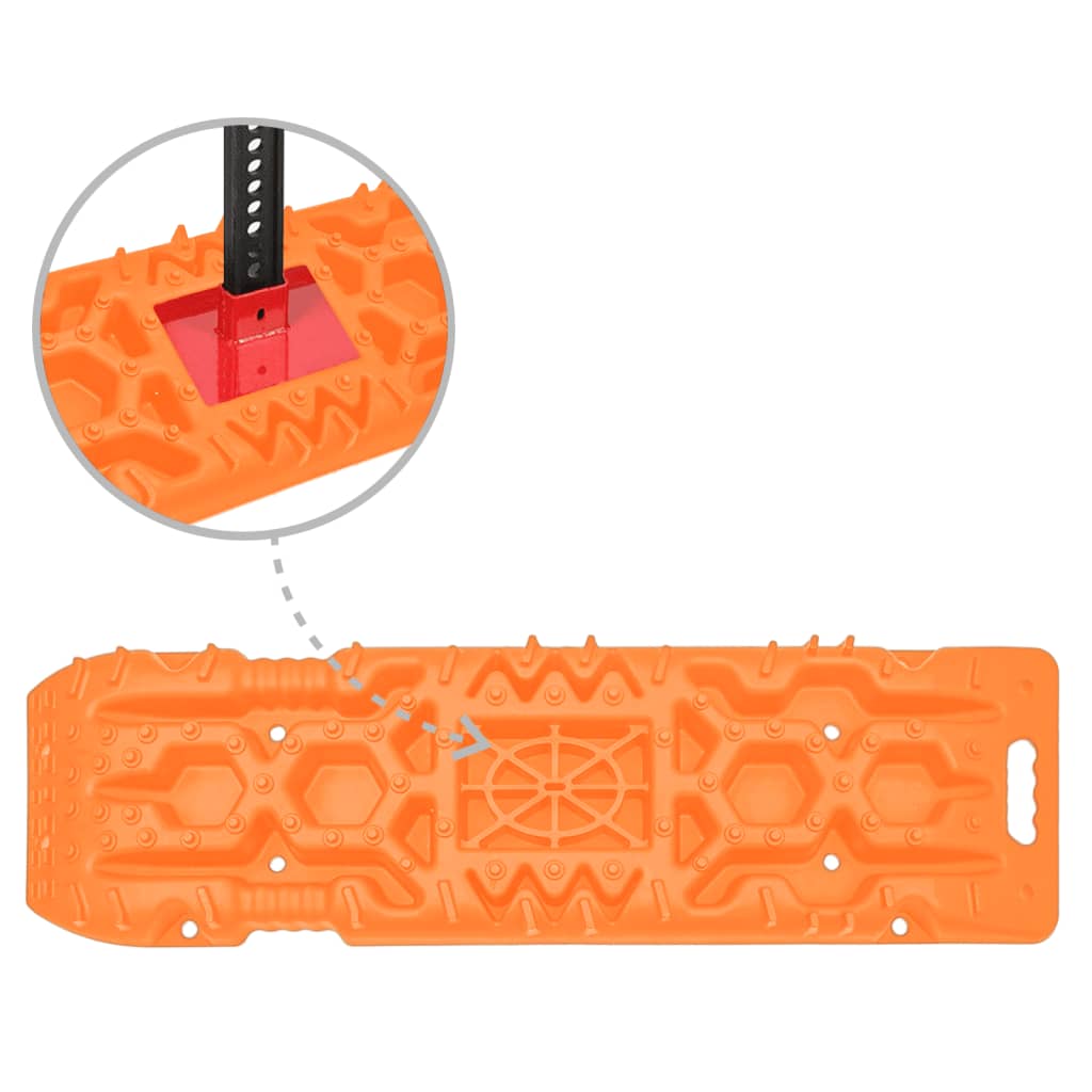 Orange reinforced nylon traction boards, 42.1x12.2x2.8in, 2-pack with teeth and handles.