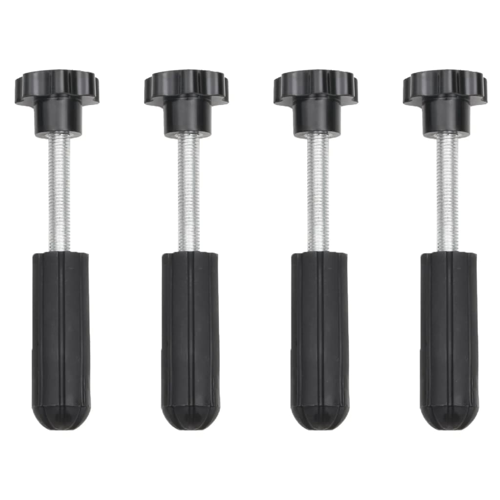 Four black and silver adjustable furniture leveling feet are shown vertically.