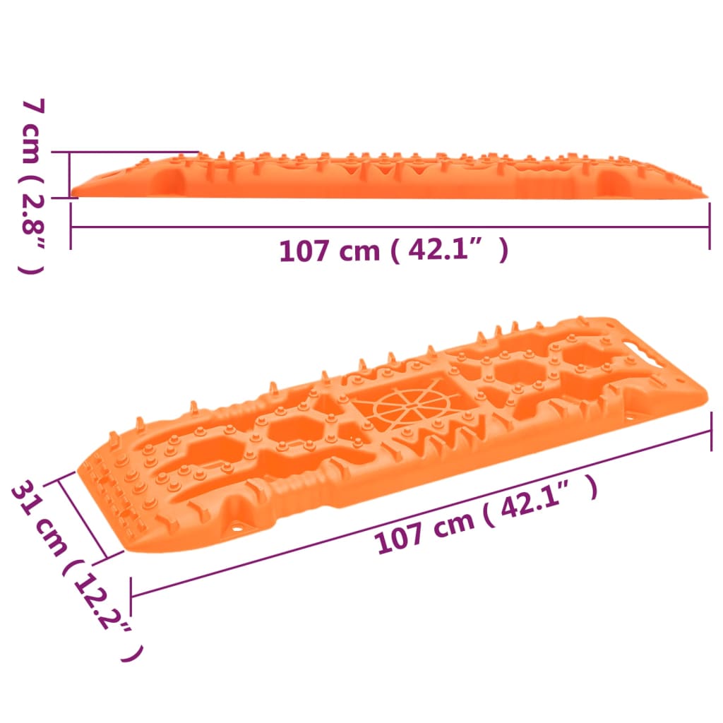 Orange reinforced nylon traction boards, 42.1x12.2x2.8 inches, shown with dimensions in a 2-pack.