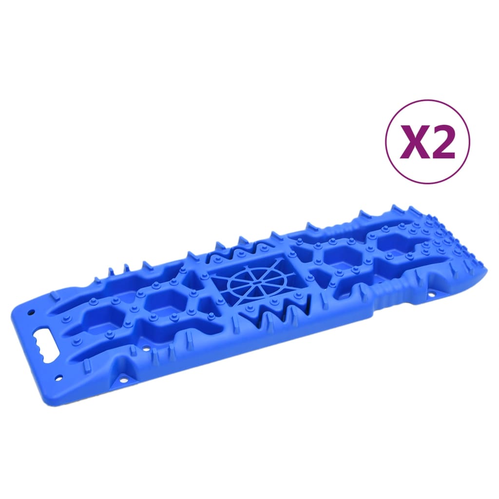Two blue nylon traction boards, 42.1x12.2x2.8in each, with grip patterns and handles.